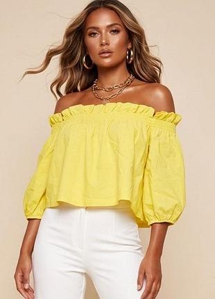 Желтая блузка с открытыми плечами zara, летний топ кармен с рукавом 3/4