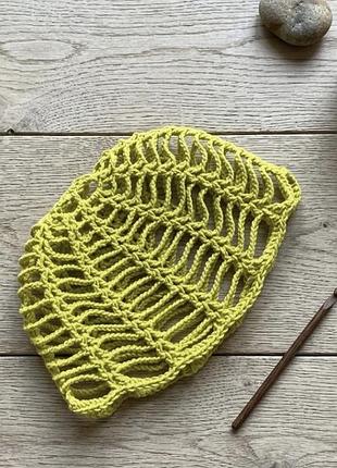 Шапочка кроше, сетка, паутинка , handmade , тренд сезона, оливка