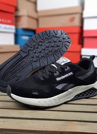 Мужские качественные и стильные кроссовки reebok classic leather cordura черные на белой