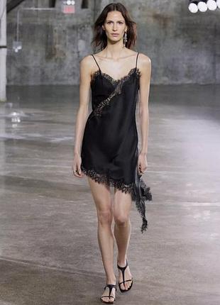 Чорна сукня zara асиметрична сукня з мереживом атласна сукня з мереживом коротка сукня на тонких бретелях міні сукня комбінація з мереживом
