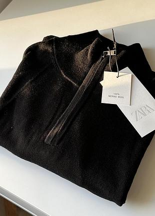 Мужской шерстяной джемпер zara, новая 1/4 зп кофта с воротником из шерсти мариноса зара