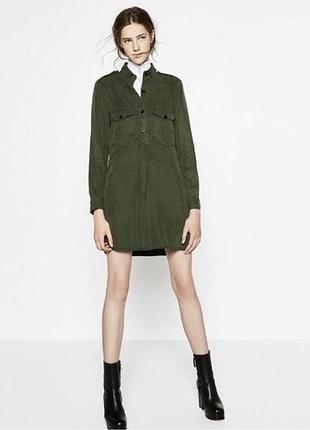 Zara жіноче стильне хакі пряме плаття сукня міні рубашка сорочка мілітарі стиль вільний крій до коліна з карманами на ґудзиках темно зелене
