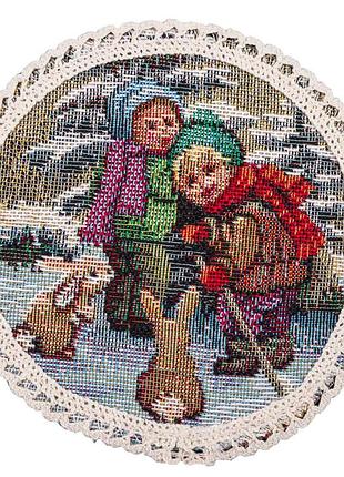 Салфетка гобеленовая с кружевом round1267m-10d звонка коляда limaso, ø10, круглая, новогодний, без люрекса, 75% полиэстер, 22%