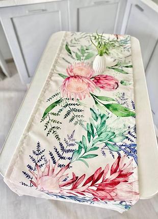 Дорожка с водоотталкивающим покрытием mantel protea, 45x140, прямоугольная, цветочный, с водоотталкивающим покрытием, 75% хлопок,