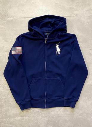 Polo ralph lauren синяя кофта s 14-16 с капюшоном на замок толстовка