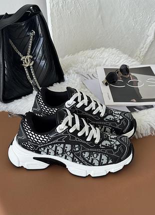 Трендові жіночі кросівки у стилі бренду ch..ristian d..ior chrono sneaker black grey white premium чорні