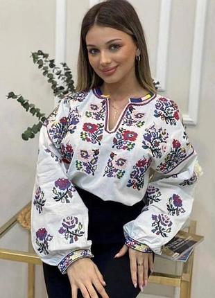 Вышиванка блуза женская, белого цвета с яркой вышивкой, рукава длинные размеры s, m, l