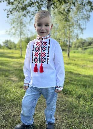 Вишиванка дитяча сорочка для хлопчика в білому кольорі оригінальною вишивкою. розміри 98, 104,110