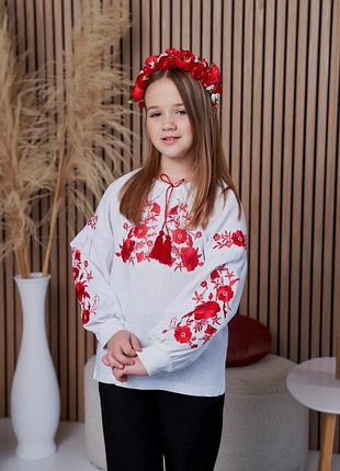 Вишиванка, сорочка для дівчаток білого кольору з вишивкою розміри від 140 до 158