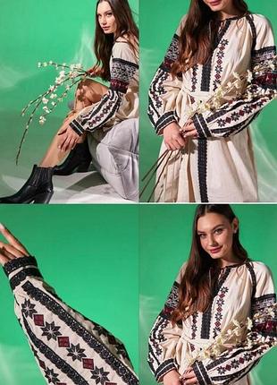 Женское платье вышиванка бежевого цвета с оригинальной вышивкой размер s, m, l