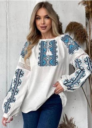 Вышиванка белая с красивой вышивкой и кружевными вставками размеры s, м, l