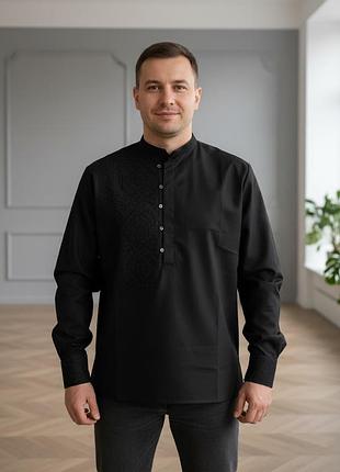 Мужская черная вышиванка рубашка с вышивкой черного цвета размеры s, m, l, xl.