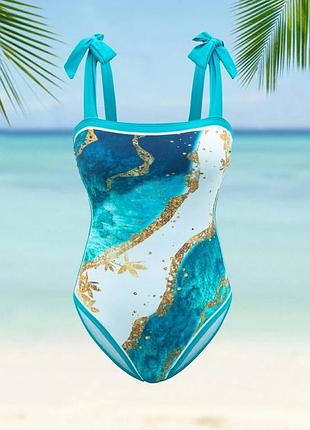 Суцільний купальник swim oasis plus size  з мармуровим принтом, бретельками спагетт