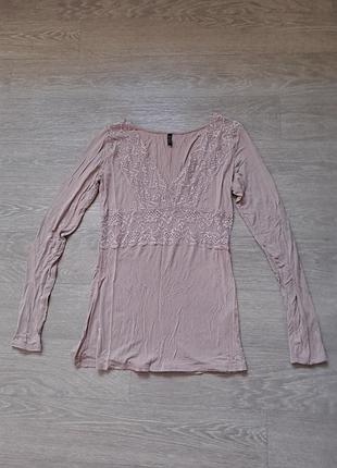 Бежевый нюдовый натуральный хлопковый лонгслив с кружевом guess
