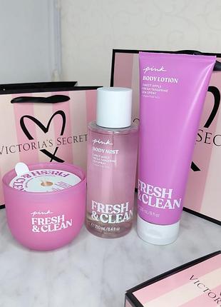 Набір / міст + лосьйон для тіла + ароматна свічка «fresh & clean». pink. victoria's secret. оригінал 🇺🇸