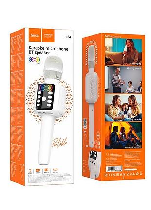Караоке микрофон hoco l24 karaoke bluetooth 5.4 usb/tf/aux с rgb подсветкой белый
