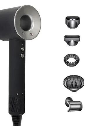Фен с 5 разными насадками для сушки и укладки hair dryer fan серый