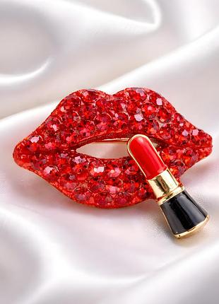 Брошка губи з помадою, червона брошка з кристалами 💄✨