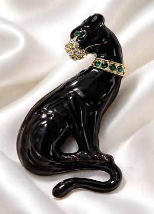 Брошка чорна пантера з кристалами, стильна тваринна прикраса 🐆✨