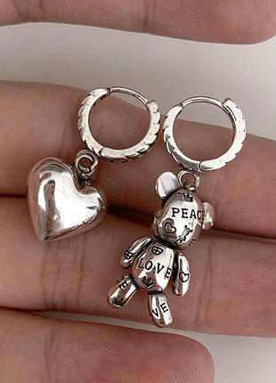 Срібні сережки s925 “teddy love” 🧸💕 стильні сережки з серцем