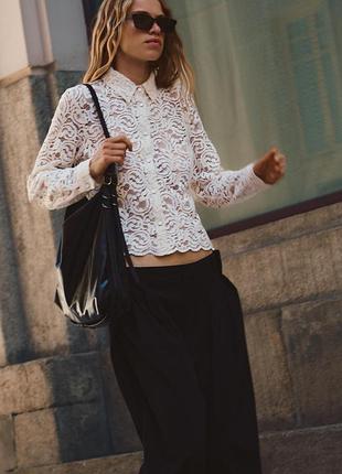Трендова мереживна блуза, жіноча блуза з мережива zara, молочна сорочка напівпрозора розмір l zara❤️‍🔥