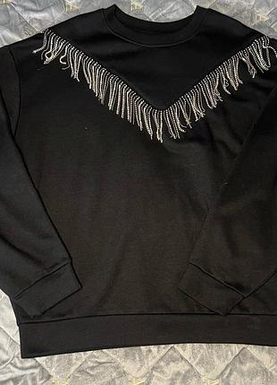 Чорний світшот terranova з металевою бахромою,розмір s