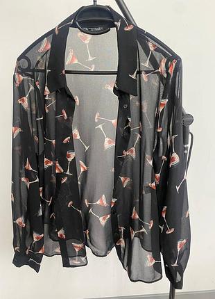 Рубашка zara с бокалами (черная, полупрозрачная)