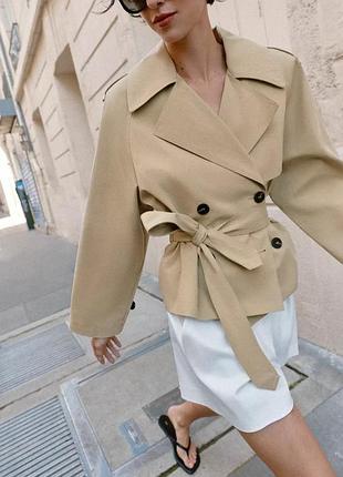 Бежевий тренч zara короткий тренч з паском вкорочений тренч з поясом класичний тренч з ременем двобортний тренч жакет вільний тренч куртка