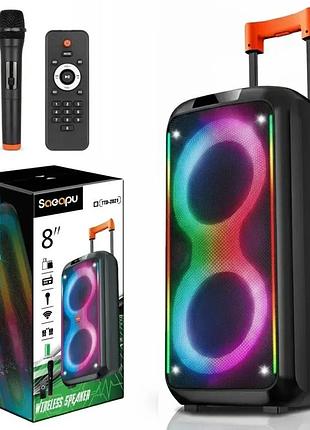Портативна bluetooth колонка ttd-2821 40вт, 2×8" динаміки, rgb підсвітка, мікрофон, пульт ду, fm, usb, aux, акумулятор 3600 маг