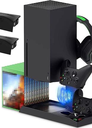Зарядна станція 5в1 для xbox series x з вентиляцією, док-станція з акумуляторами 1400 mah та тримачем для гарнітури