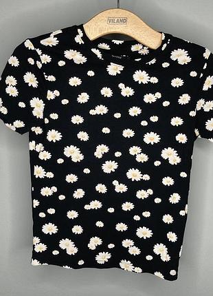 🌼🖤 футболка bershka — чёрная с белым принтом в виде ромашек 5