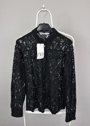 Zara женская рубашка новая в сетку узор черная