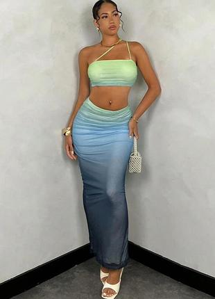 Длинная юбка сетка с градиентом, с сборками от shein