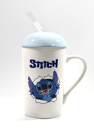 Чашка stitch з кришкою і соломинкою | керамічна чашка стіч | подарункова чашка з малюнком