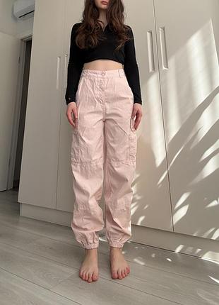 Джоггеры карго штаны брюки розовые 36 top shop высокая талия посадка хлопок