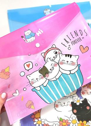 Папка-конверт а4 “cute cat / cat day” на кнопці, пластикова (котики)