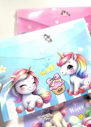 Папка-конверт а4 “єдиноріг” на кнопці, пластикова (cute unicorn)