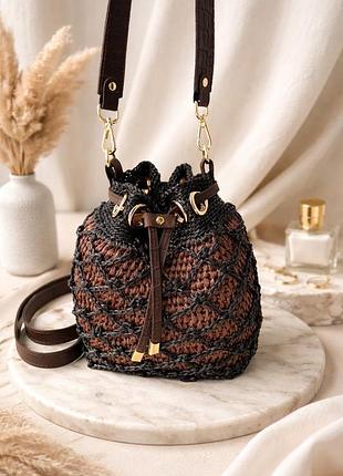 Сумка в’язана жіноча кросбоді з екошкірою коричнево-чорна стильна hand made
