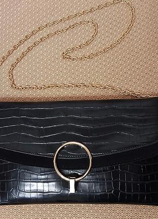 Жіночий чорний клатч від бренду h&m з крокодилячим принтом та золотистим ланцюжком, жіноча сумка бренду h&m