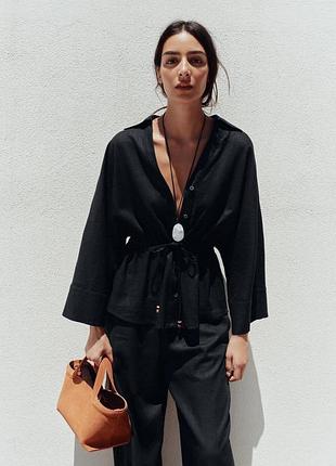 Лляна сорочка zara, чорна сорочка з льону zara, сорочка сафарі з льону zara, 8119/734/800