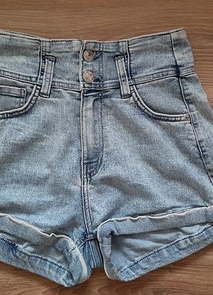 Шорти жіночі джинсові bershka жіночий висока посадка блакитні розмір 34, 36 бавовна, еластан