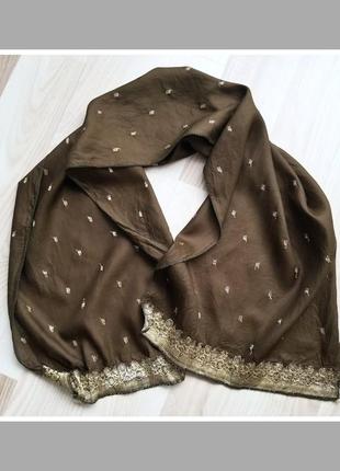 Натуральная шелковая шаль шёлковый шарф с золотой нитью