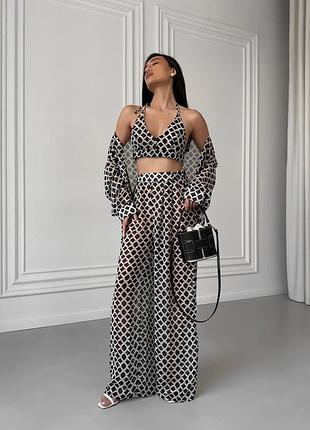 Luxe костюм тройка топ лиф рубашка воротник на пуговицах брюки высокая посадка принт узор шифон летний праздничный