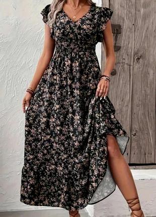 Чорна сукня міді в квіти платье на резинке миди
