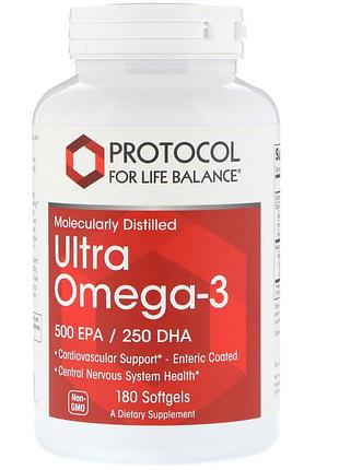 Омега-3, ultra omega-3, protocol for life balance, молекулярно дистильована, 500 epa / 250 dha, 180 капсул