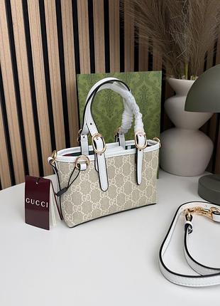Сумка gg mini tote бежева з білим шкіряна