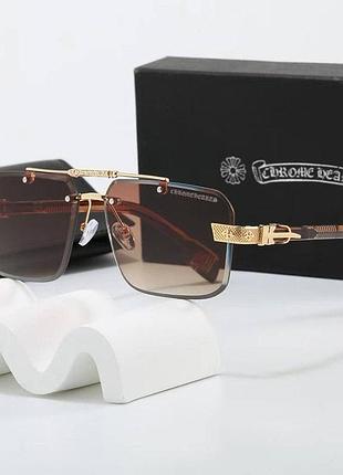 Мужские солнцезащитные очки коричневые chrome hearts летние брендовые с хорошей защитой классика поликарбонатные авиаторы металлич