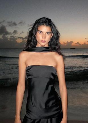 Чорна сукня zara атласна сукня з хусткою коротка сукня з відкритими плечами міні сукня з декольте