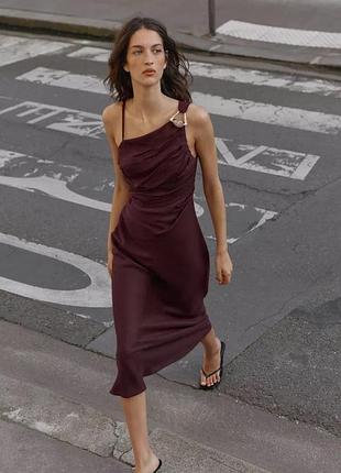 Асиметрична сукня zara міді сукня з льону лляна сукня середньої довжини класична сукня без рукавів баклажанова сукня бордова