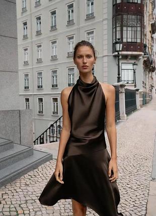 Коричнева сукня zara коротка сукня з бантом асиметрична сукня хальтер міні сукня халтер атласна сукня з відкритою спиною